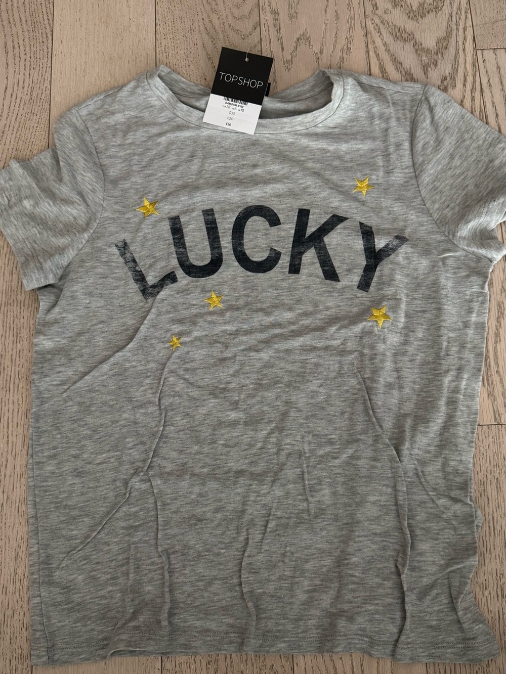 NWT Topshop "Lucky" Grey Tee with Yellow Star Embroidery